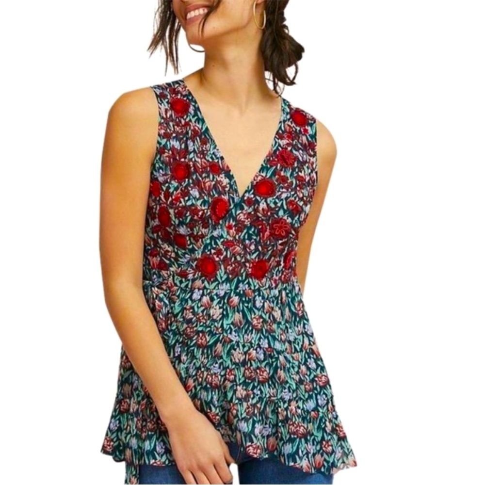 Ranna Gill Posie Embroidered floral Wrap Tie Waist Blouse Large